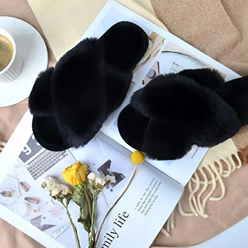 Women's Cross Band Slippers Soft Plush Furry Cozy Open Toe House Shoes Indoor Outdoor Faux Rabbit Fur Warm Comfy Slip On Breathable Black 5-6