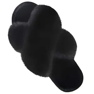 Women's Cross Band Slippers Soft Plush Furry Cozy Open Toe House Shoes Indoor Outdoor Faux Rabbit Fur Warm Comfy Slip On Breathable Black 5-6
