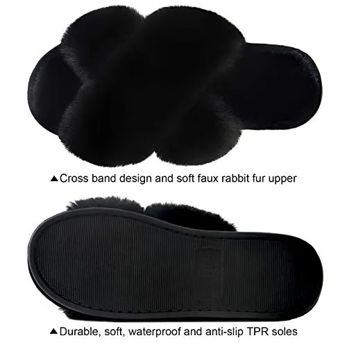 Women's Cross Band Slippers Soft Plush Furry Cozy Open Toe House Shoes Indoor Outdoor Faux Rabbit Fur Warm Comfy Slip On Breathable Black 5-6