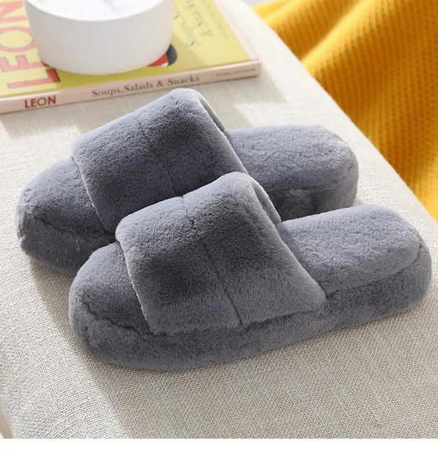 Women's Cross Band Slippers Soft Plush Furry Cozy Open Toe House Shoes Indoor Outdoor Faux Rabbit Fur Warm Comfy Slip On Breathable
