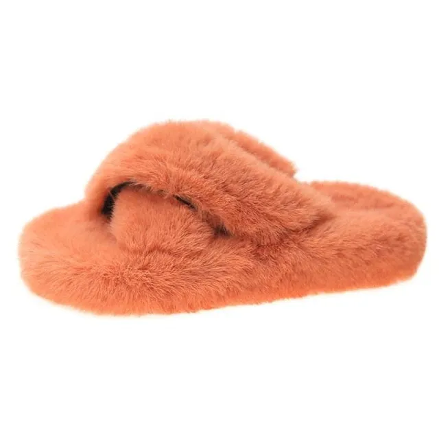 Women's Cross Band Slippers Soft Plush Furry Cozy Open Toe House Shoes Indoor Outdoor Faux Rabbit Fur Warm Comfy Slip On Breathable