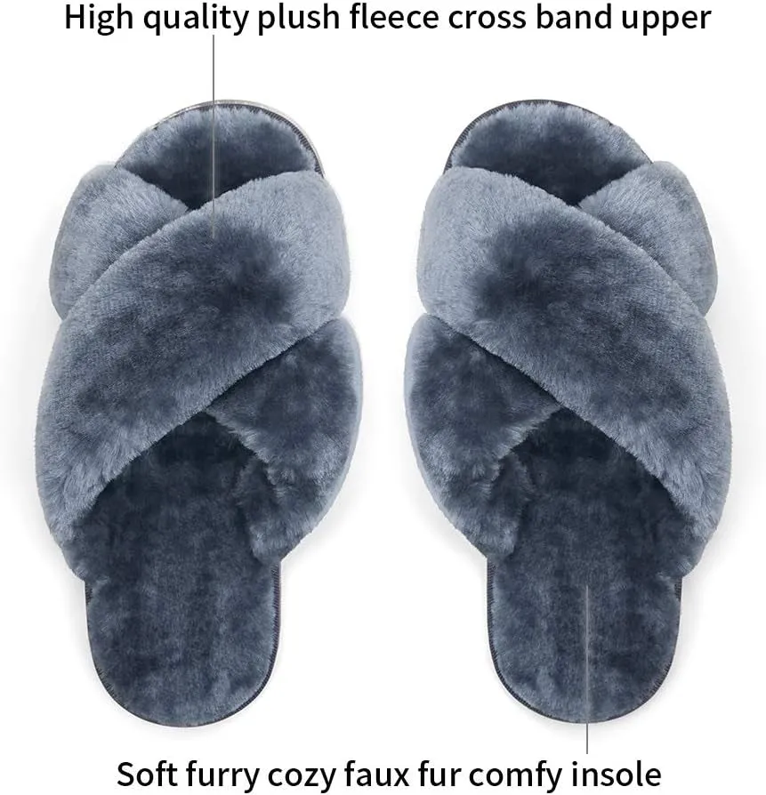 Women'S Cross Band Slippers Soft Plush Furry Open Toe Fur Slides Fuzzy Fluffy Slip on House Shoes Indoor Outdoor Slippers