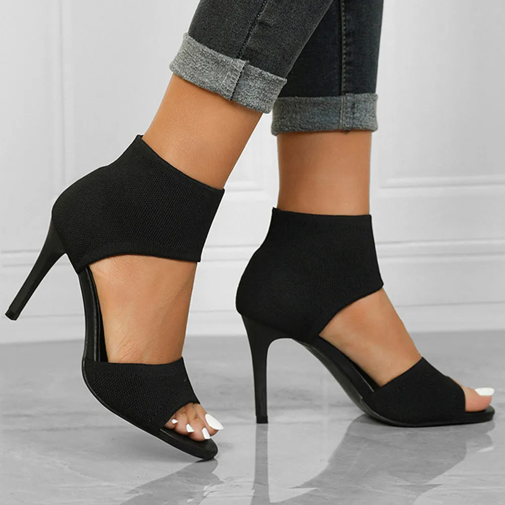 Womens Peep Toe Stiletto Heeled Sandals Breathable Knitted Upper Open Toe High Heels