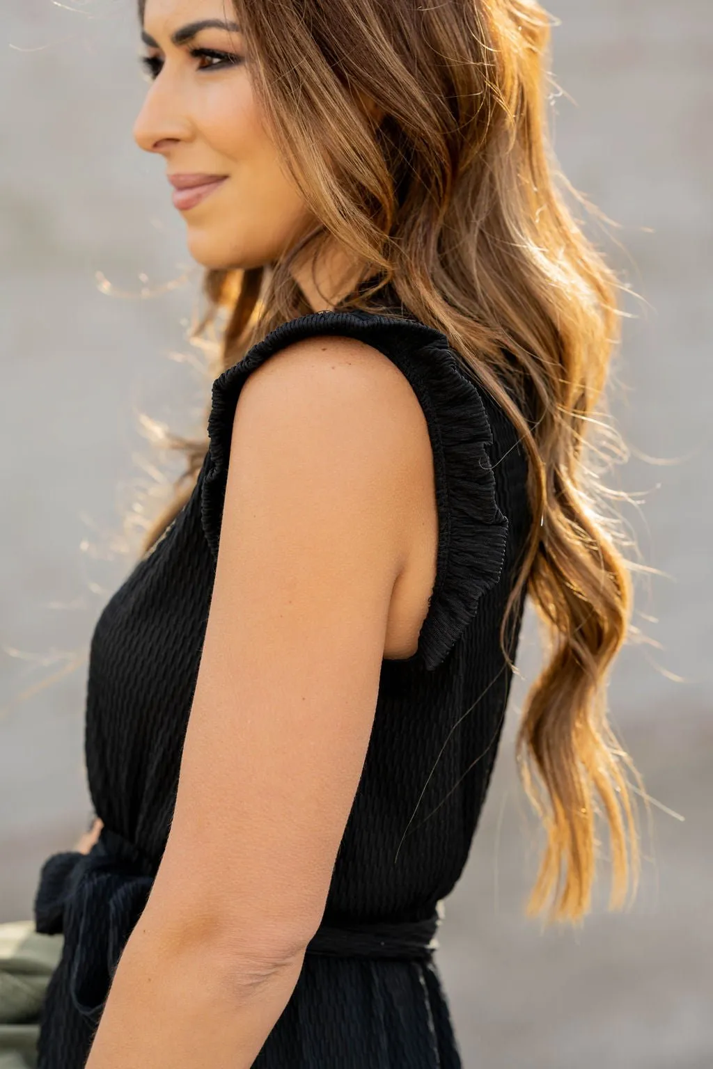 Woven Textured Ruffle Trim Tie Dress