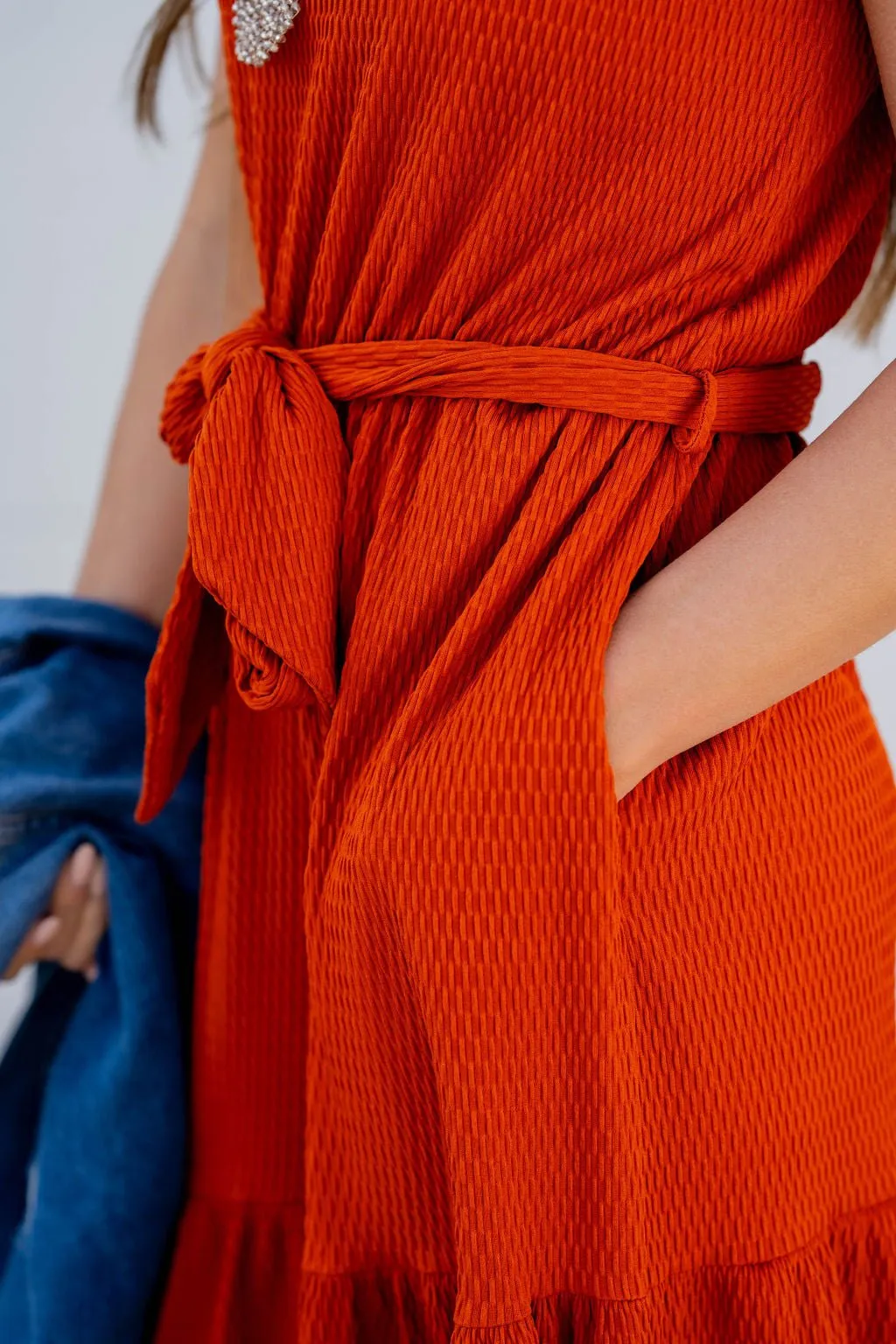 Woven Textured Ruffle Trim Tie Dress