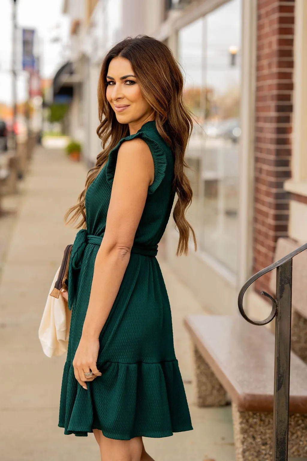Woven Textured Ruffle Trim Tie Dress