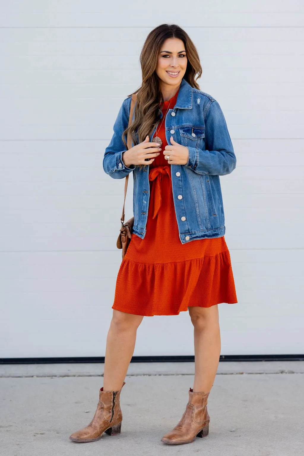 Woven Textured Ruffle Trim Tie Dress