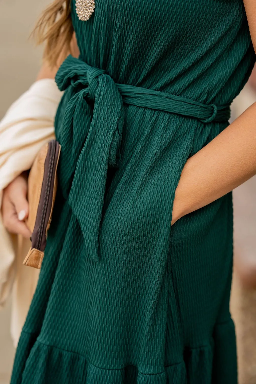 Woven Textured Ruffle Trim Tie Dress