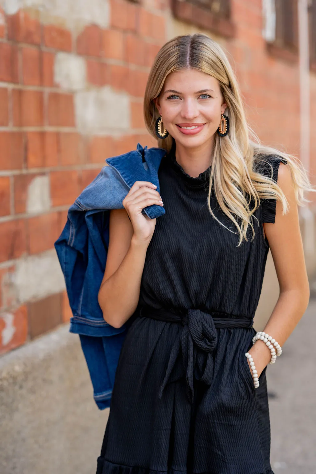 Woven Textured Ruffle Trim Tie Dress