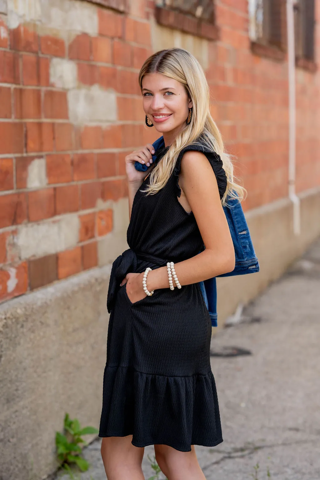 Woven Textured Ruffle Trim Tie Dress