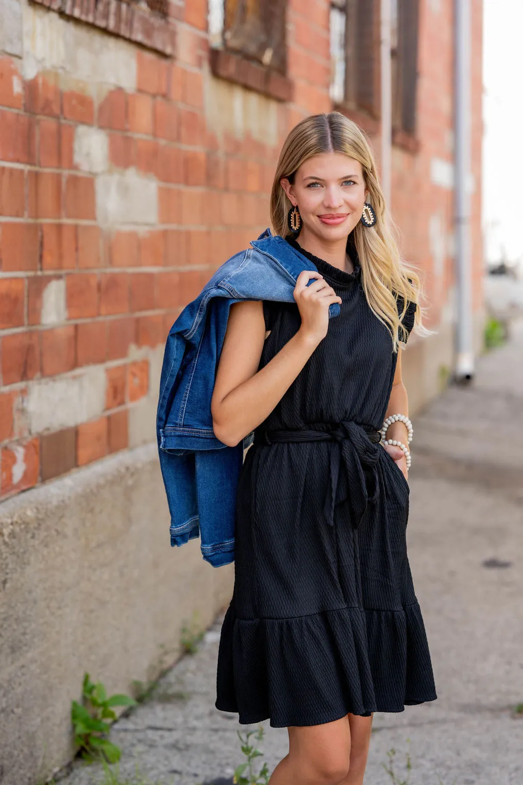 Woven Textured Ruffle Trim Tie Dress