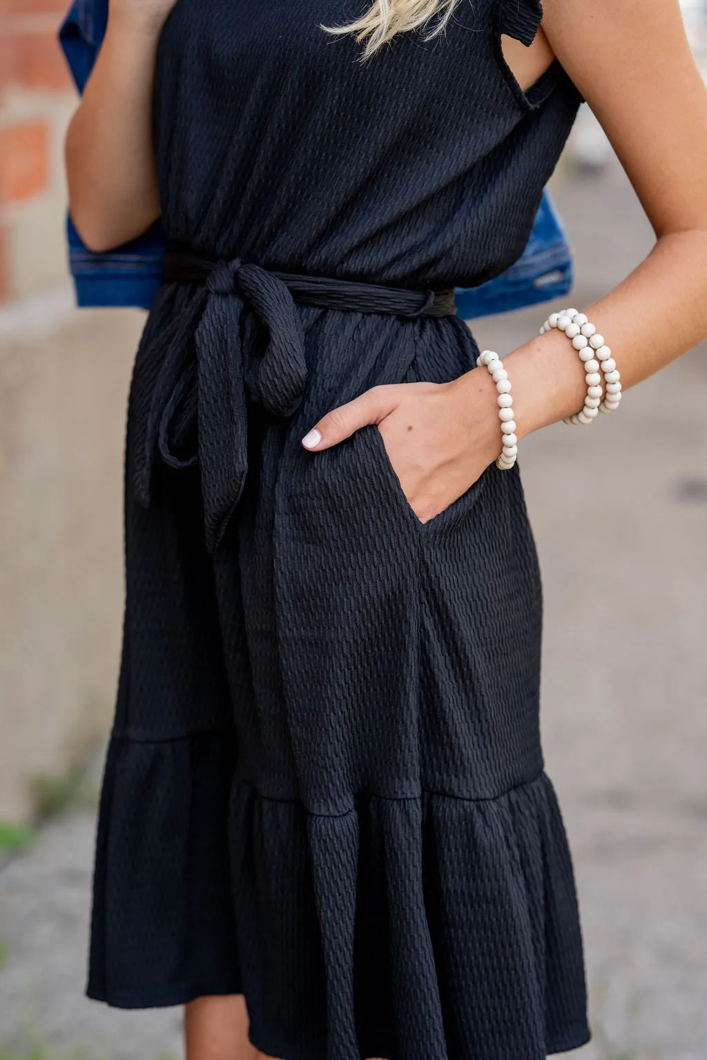 Woven Textured Ruffle Trim Tie Dress