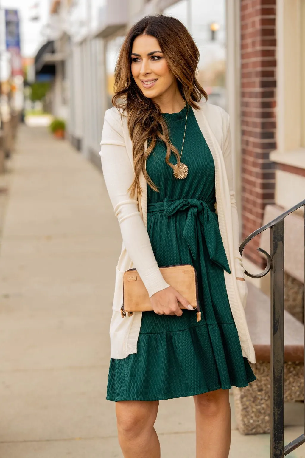 Woven Textured Ruffle Trim Tie Dress