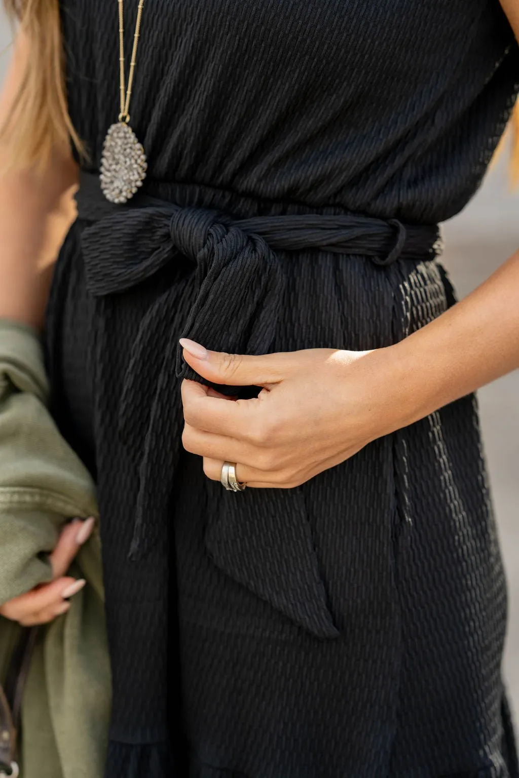 Woven Textured Ruffle Trim Tie Dress