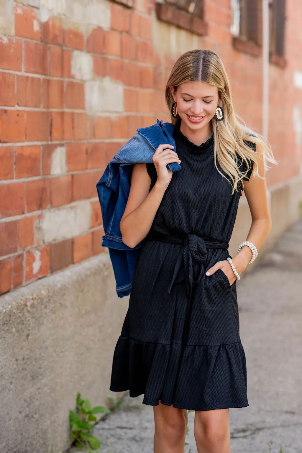 Woven Textured Ruffle Trim Tie Dress
