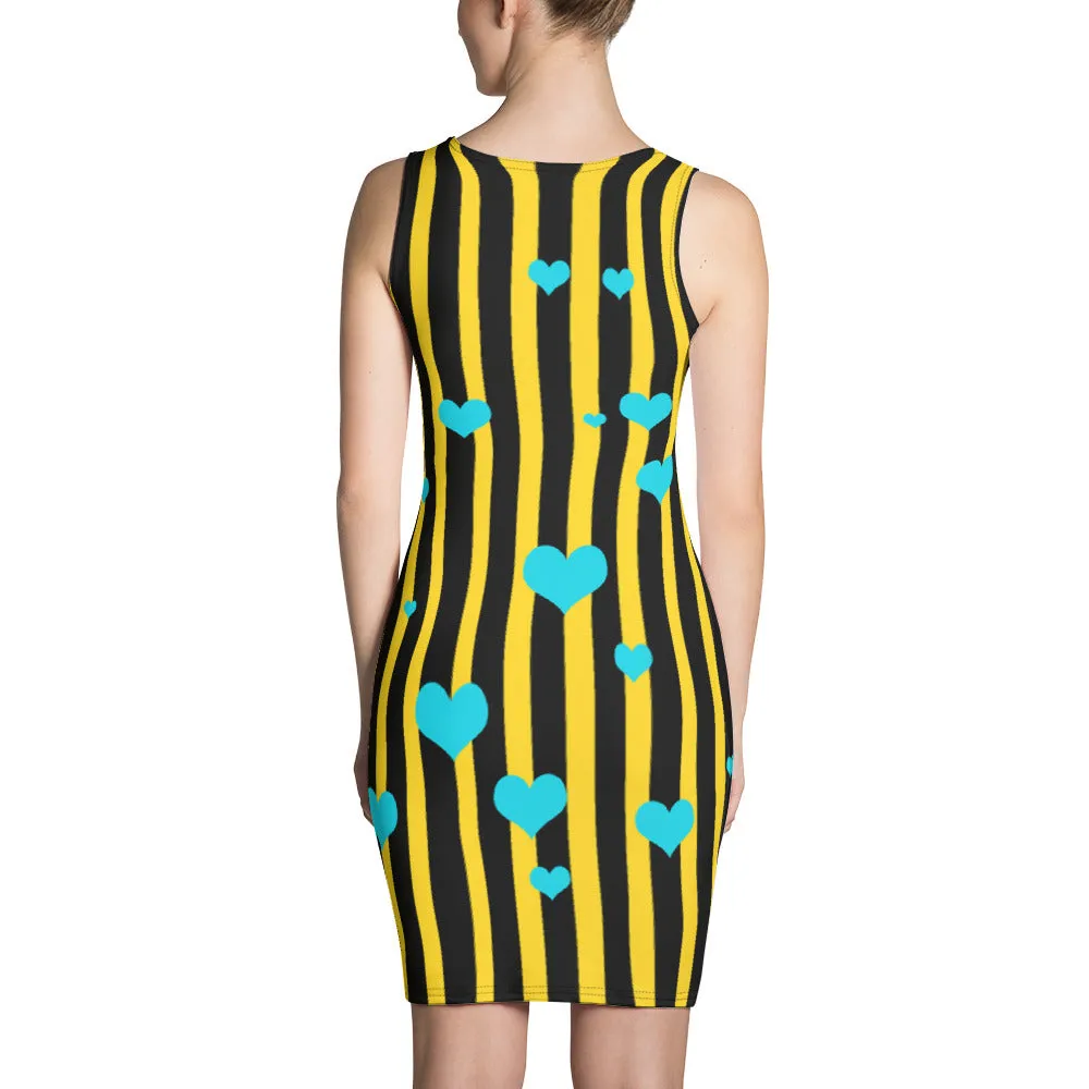 Yellow Bee Striped Women's Dress, Best Designer Striped Print Black   Yellow Women's One-Piece Dress- Made in USA/ Europe